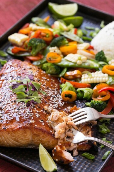 Hoisin Lime Glazed Salmon - The salmon and vegetables cook together on the same pan for a quick, healthy and easy dinner!