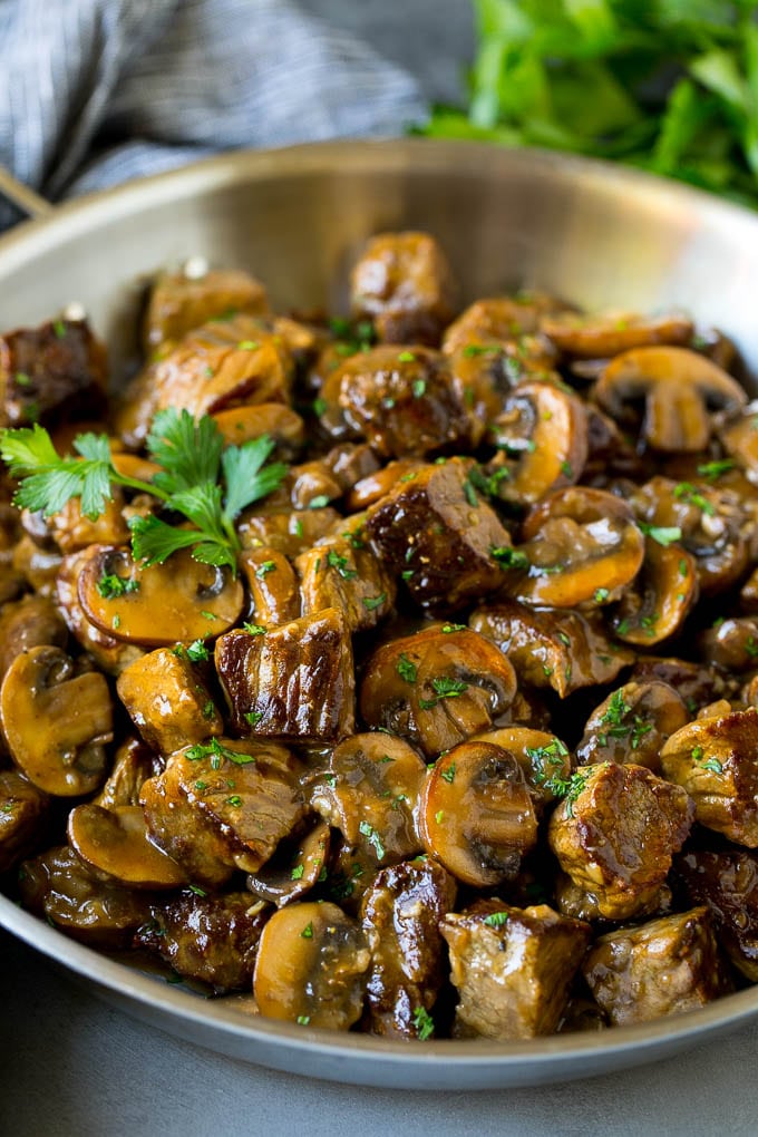 Beef tips with mushrooms in brown gravy.