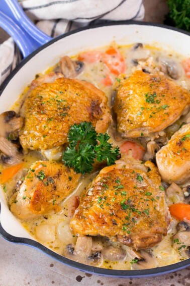 A pan of chicken fricassee in a creamy sauce with vegetables.