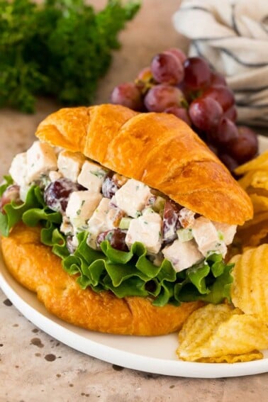 Chicken salad with grapes served on a croissant with chips.