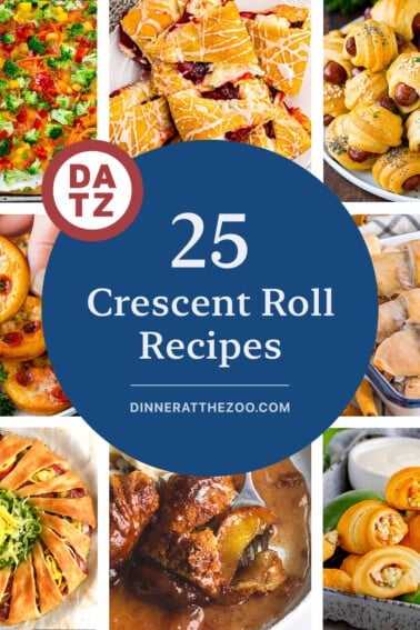 A group of images of delicious crescent roll recipes like veggie pizza, pigs in a blanket and jalapeno popper puffs.