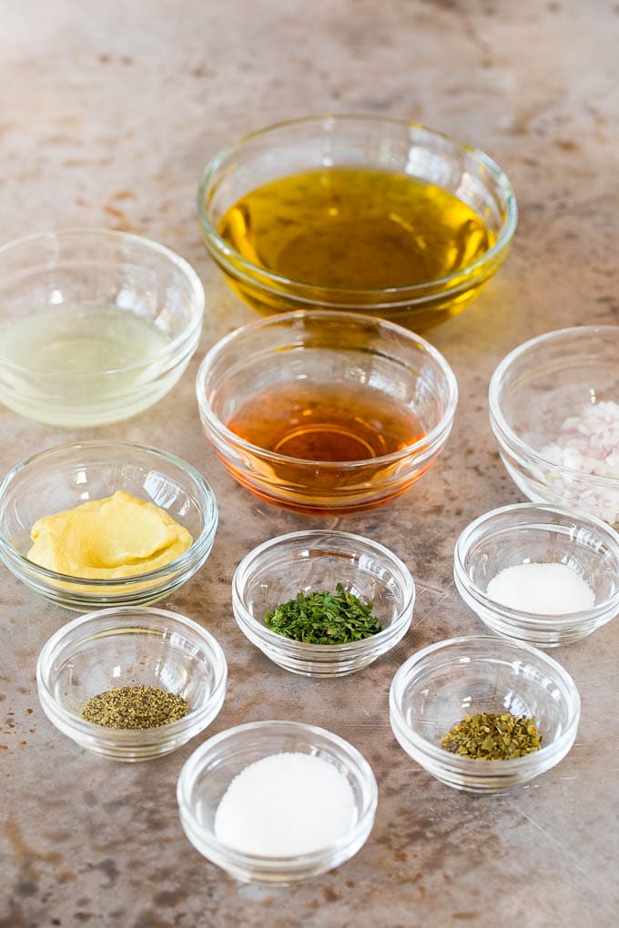 Bowls of ingredients to make salad dressing and marinade.