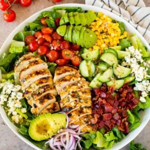 Grilled chicken salad with bacon, veggies and blue cheese.