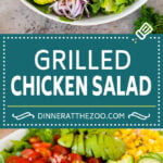 This grilled chicken salad is tender marinated chicken that's grilled to perfection then served over lettuce with bacon, avocado, corn, blue cheese and tomatoes.