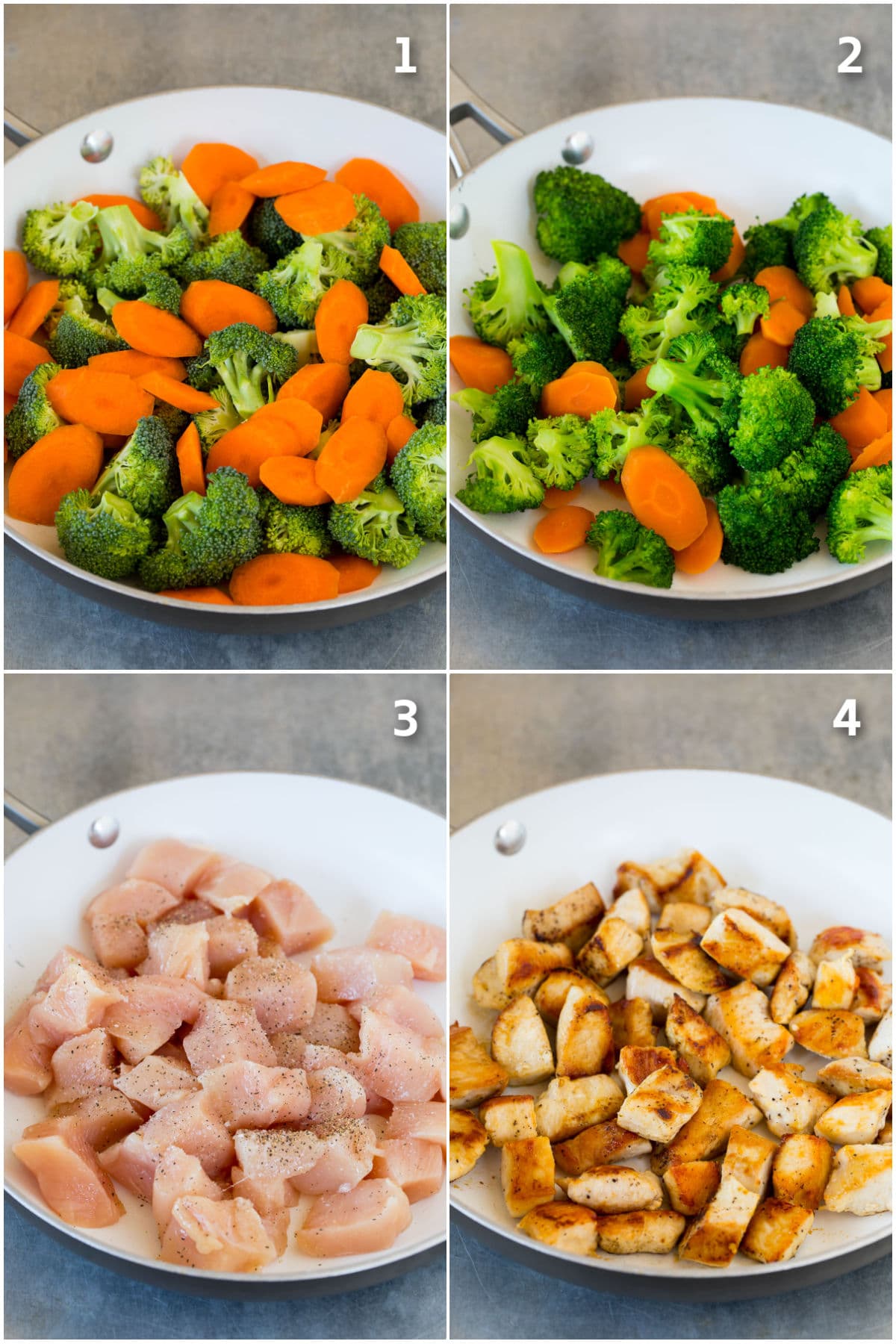 Process shots showing cooked and raw chicken and vegetables.