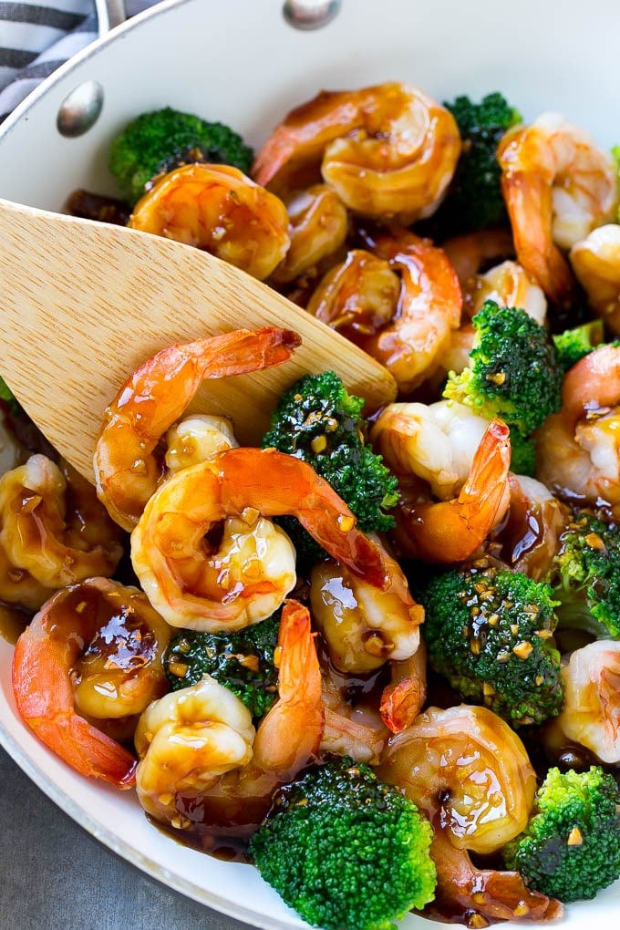 This shrimp and broccoli stir fry is coated in a sweet and savory sauce.