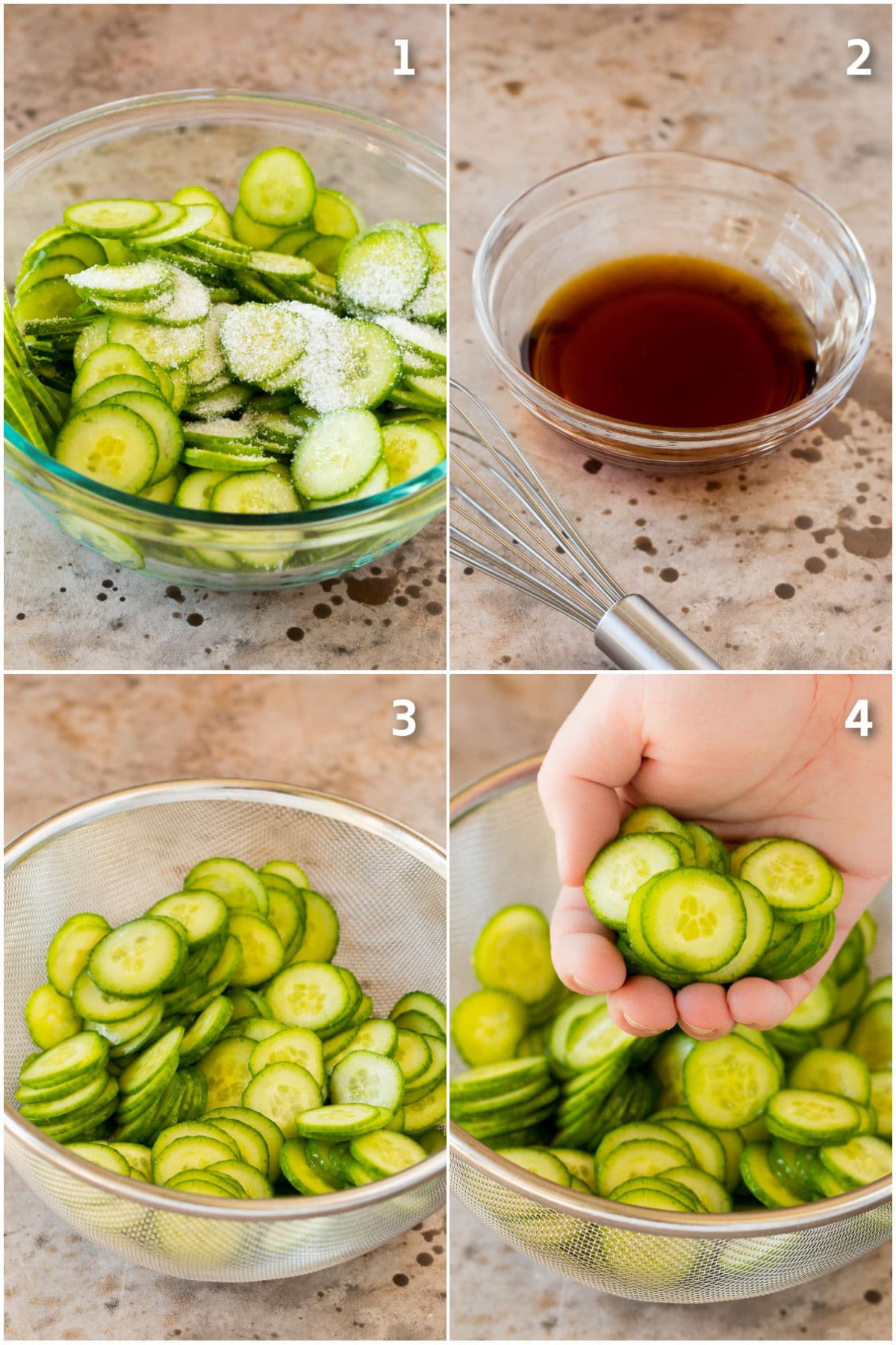 Step by step images showing sliced cucumbers being processed for salad and dressing being made.