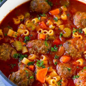 Italian meatball soup with beef meatballs, ditalini pasta and vegetables in a tomato broth.