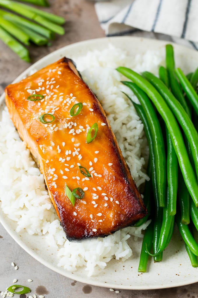 Miso salmon served with rice and green beans.