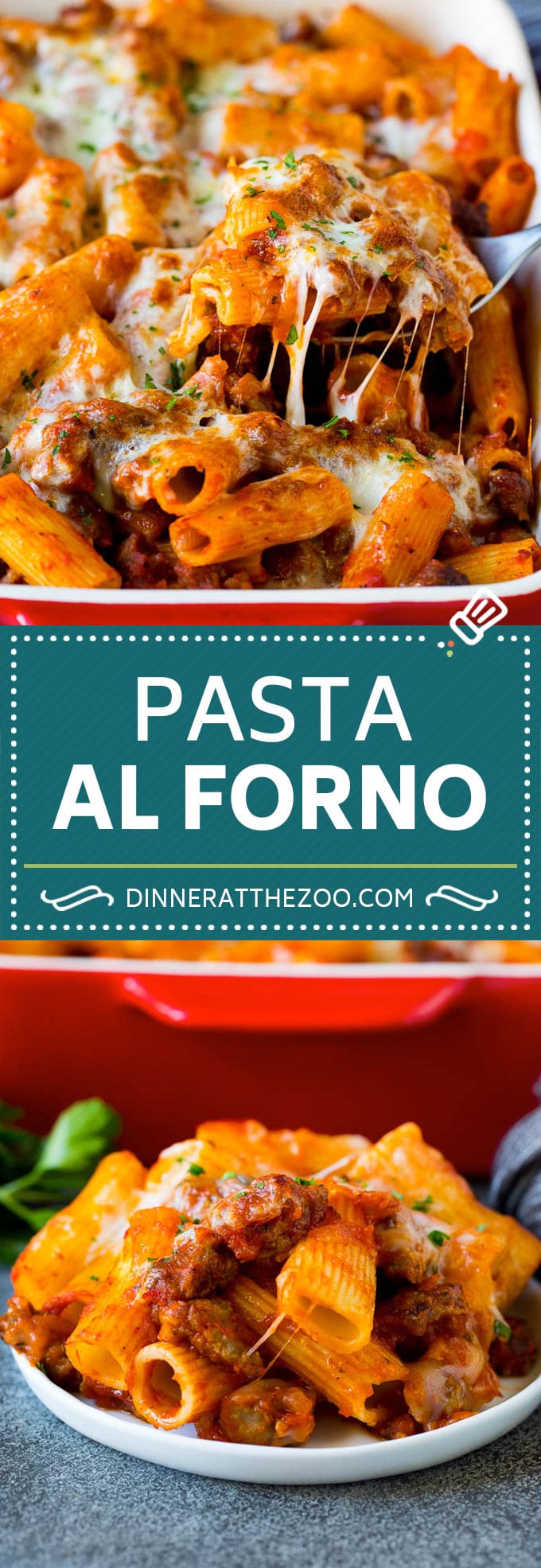 Pasta al Forno is hearty rigatoni noodles tossed in a savory meat sauce then topped with cheese and baked. #pasta #dinneratthezoo