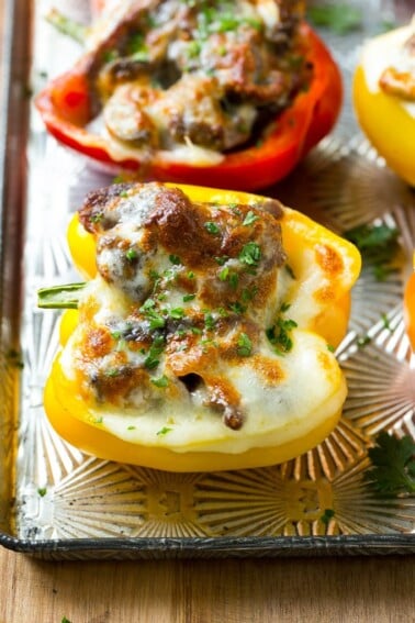 This recipe for Philly cheesesteak stuffed peppers is like the classic sandwich, but without all the carbs! An easy and filling meal that will please the whole family.