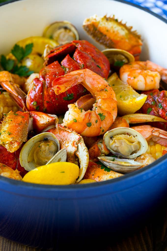 Seafood boil made with shrimp, clams and lobster.