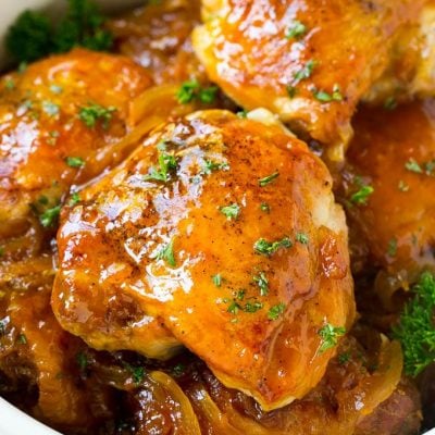 A close up of slow cooker apricot chicken.