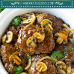 This slow cooker salisbury steak recipe is made with tender beef patties topped with mushroom gravy.