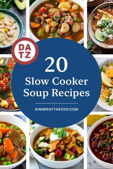 A group of slow cooker soup recipes like beef stew, white chicken chili and ham and bean soup.