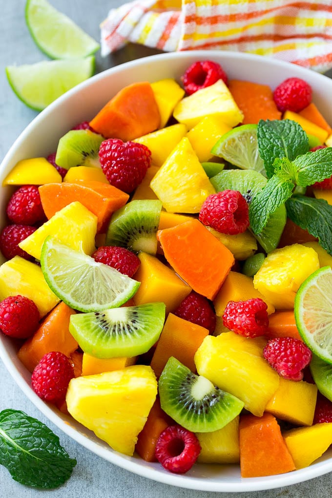 Tropical fruit salad tossed in honey and lime dressing.